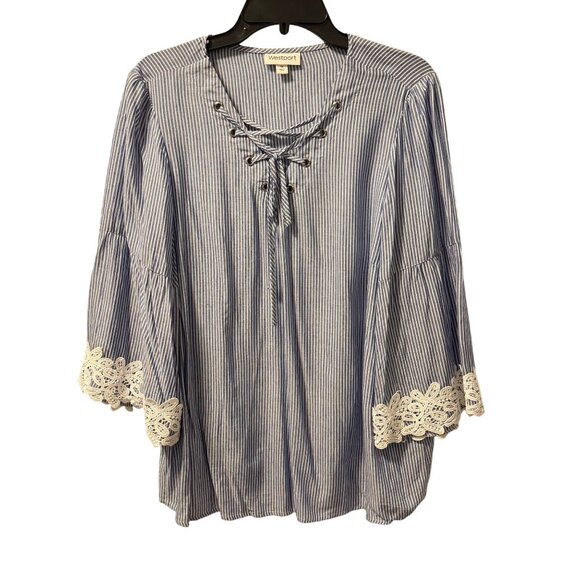 Westport Blue & White Striped Lace-Up Blouse Sz 1X sleeves 3/4 blouse - Picture 2 of 12